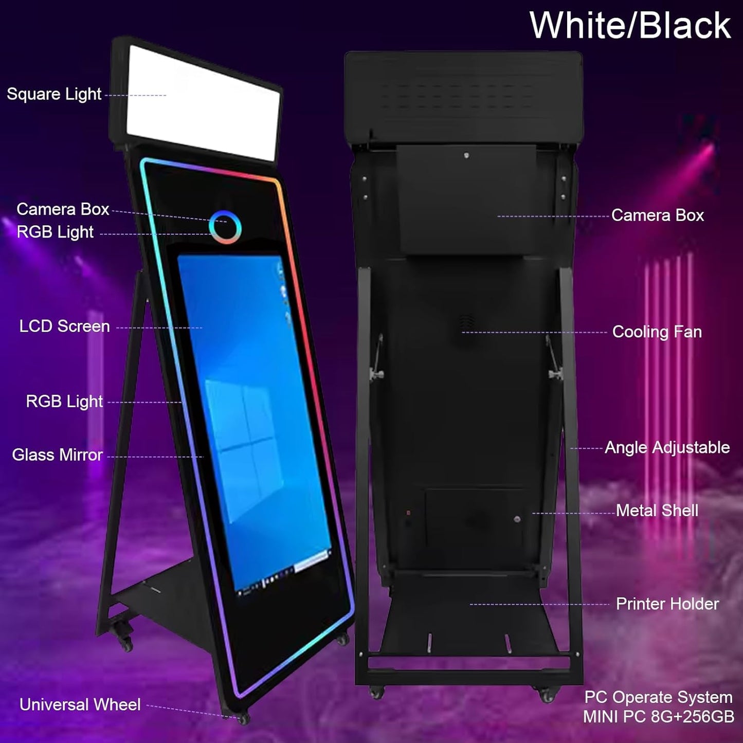 65''Magic Mirror Photo Booth Machine,Mirror Photo Booth 43''Touch Screen,Photo Booth with Flight Case,App Control,RGB Light for Wedding Party Events (White, Machine+Mini Printer)