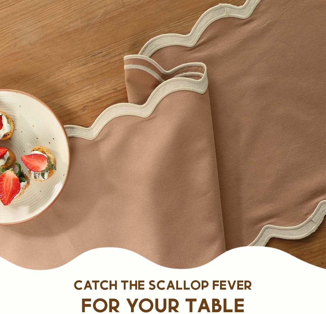 Folkulture Table Runners | Fall Table Runner 90 inches Long | Scallop Table Runner for Fall Decor or Boho Decor | Brown Table Runners for Dining Room | Thanksgiving Decorations for Home