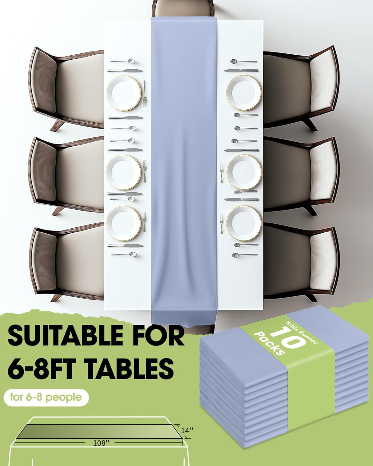 Pureegg Dusty Blue Plastic Table Runners - 10 Pack, 14'' x 108'', Water Resistant & Disposable Centerpiece Decorations for Table Cloth, Wedding, Birthday, Holiday, Baby Shower, Party, Home Decor