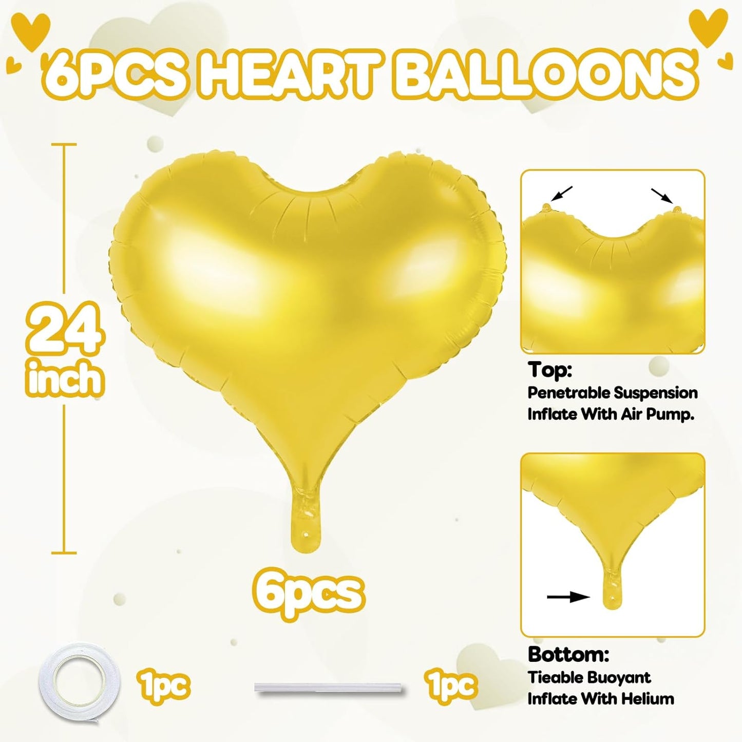 24 Inch Gold Heart Balloons, Prom Love Heart Balloons, Metallic Gold Helium Balloon for Valentines Day Bridal Shower Anniversary Wedding Birthday Party Decorations