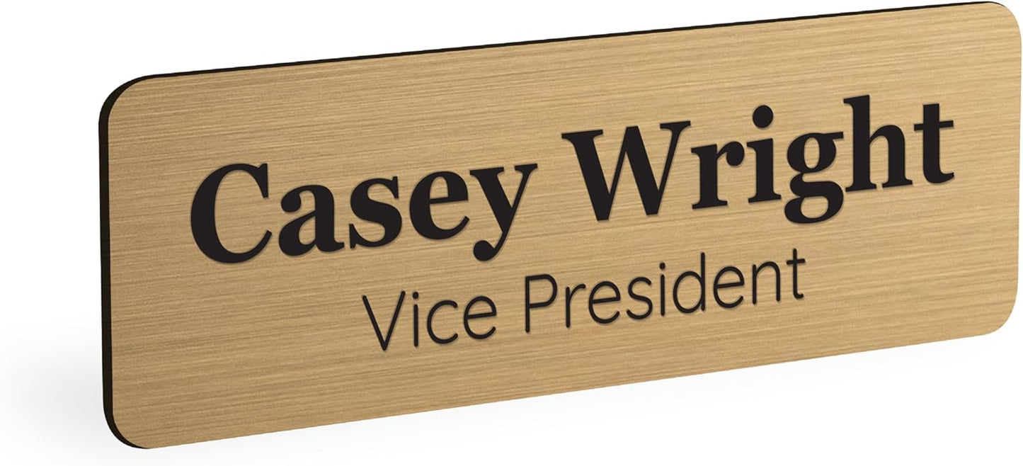 ExcelMark Custom Name Tag - Engraved Name Badge with Pin or Magnetic Backing, 16 Colors, 6 Fonts, and 2 Sizes to Choose from (Gold w/Black Letters, 1"x 3")