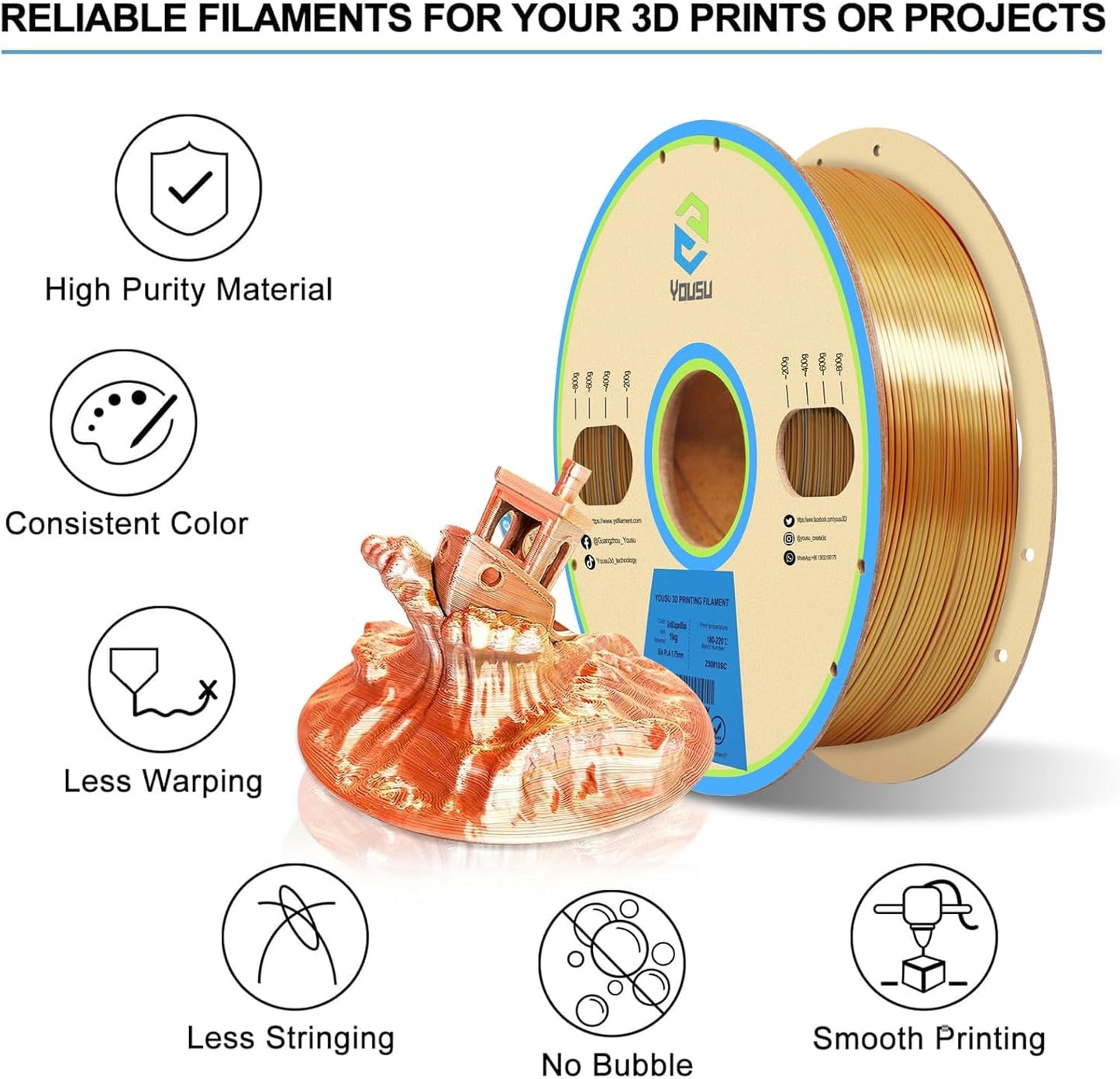 YOUSU PLA Filament1.75mm, Triple Color Coextrusion Silk 3D Printer Filament 1.75mm for 3D Printer & 3D Pen, Multicolor PLA Rainbow Filament, 1kg(2.2lbs) Silk PLA Gold Silver Copper.