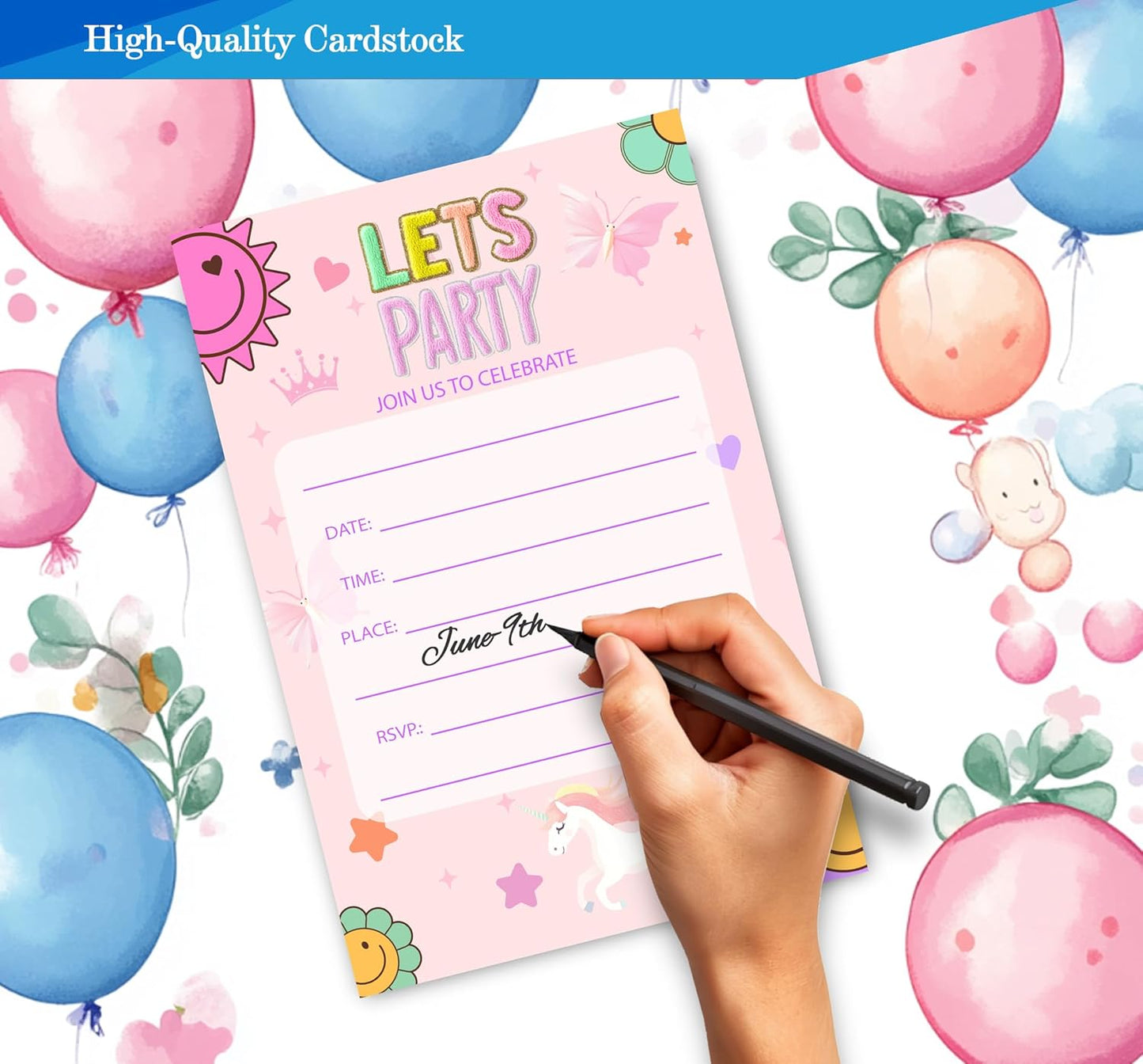 Preppy Patch Birthday Invitations for Girls, Let's Party Birthday Party Invitaions for Party Invites, 4x6 Inches, 30 Sets with Envelopes