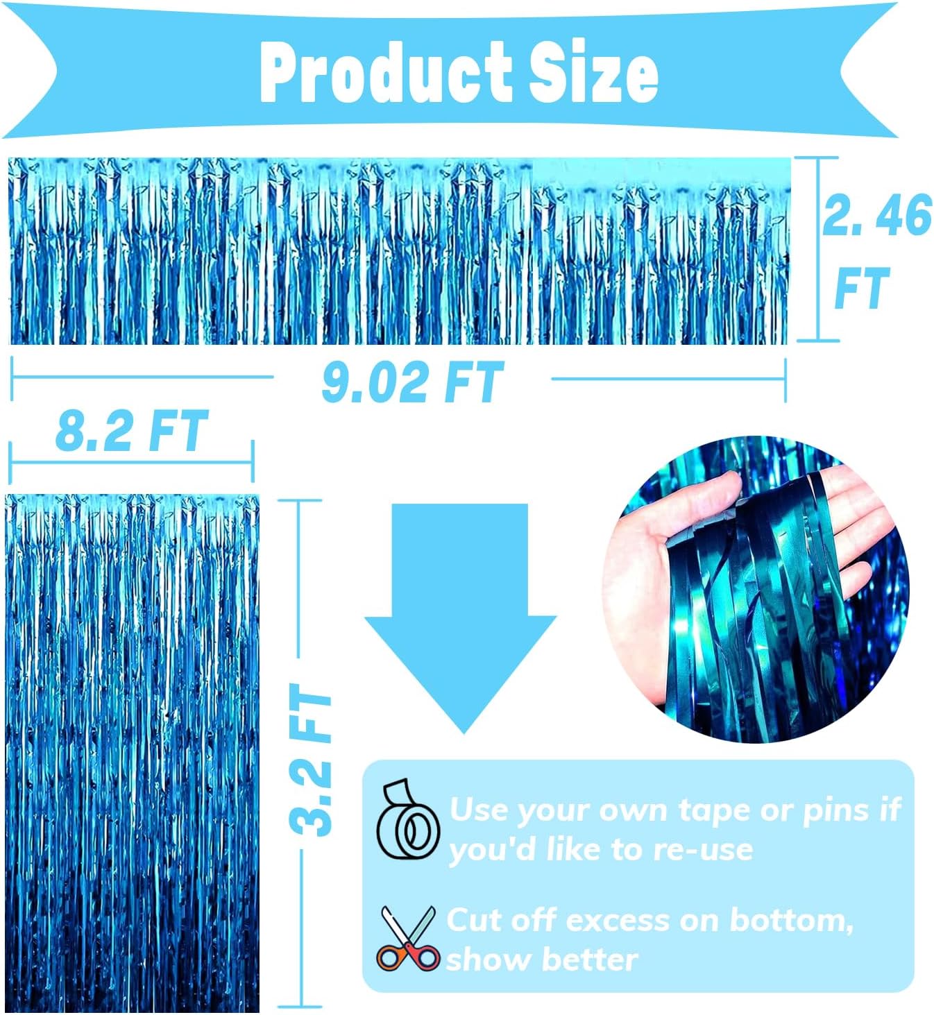 4P Metallic Foil Fringe Tinsel Table Skirts for Rectangle Tables Backdrop Banner Streamer Garland Curtains for Parade Floats Wedding Graduation Anniversary Birthday Parties Decoration (Lake Blue)