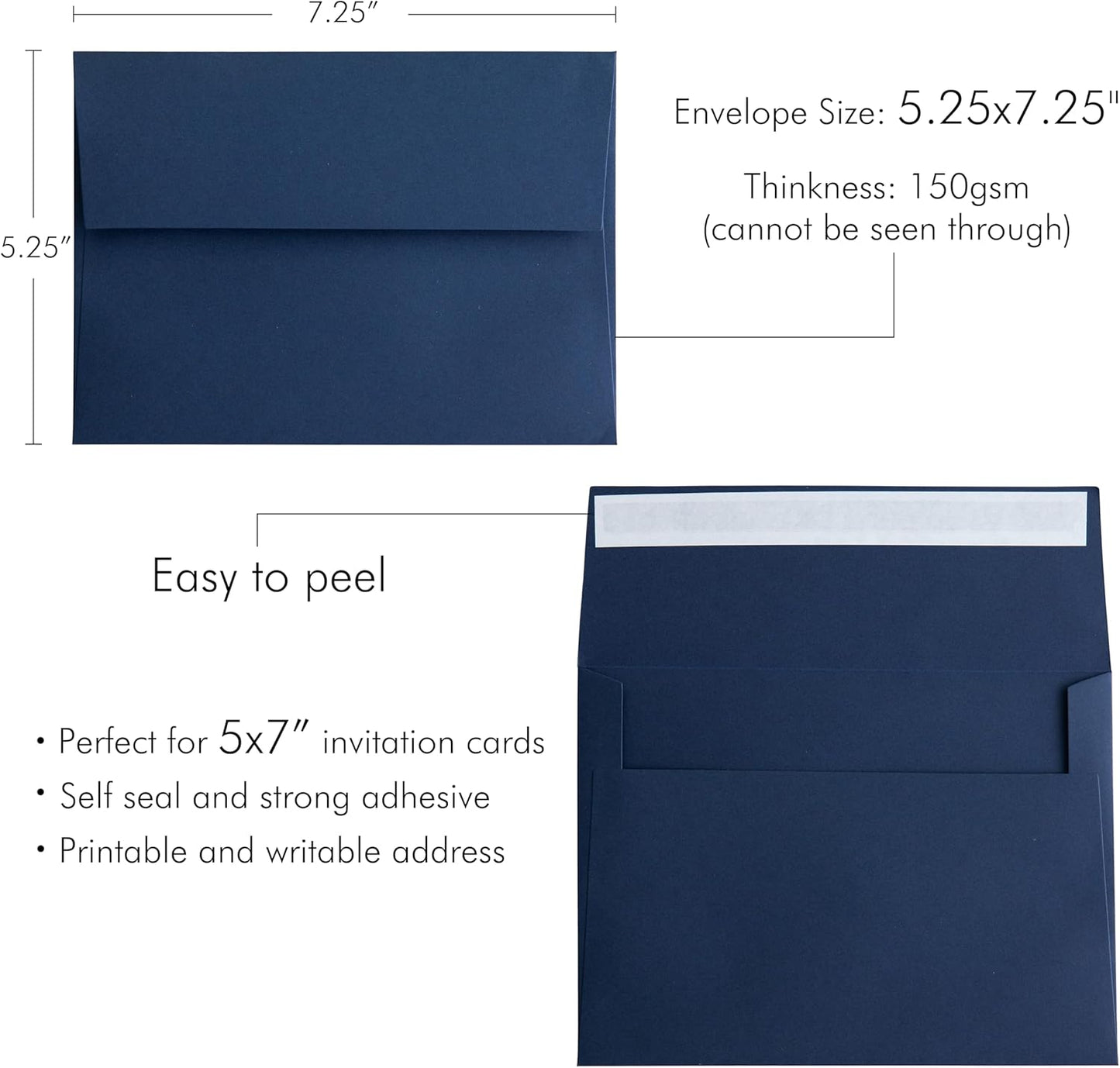 PONATIA 50 Pieces 5x7 Envelopes, A7 Envelopes Self Seal for Weddings, Invitation Cards, Photos, Postcards, Greeting Cards Mailing, Baby Shower, Graduation, Christmas Gift Cards (Navy Blue)