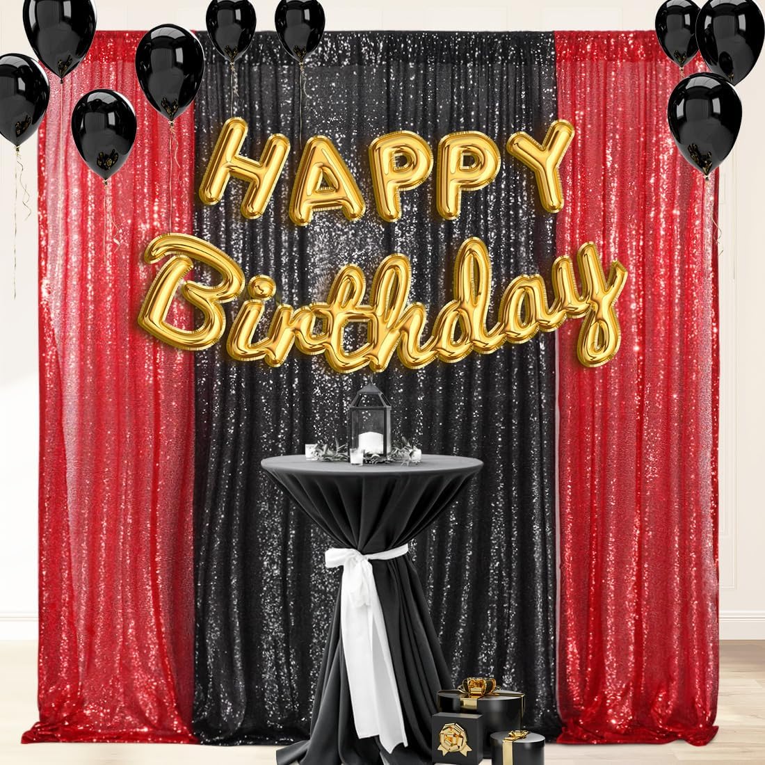 4 Panels Black&Red Sequin Backdrop Curtain 2FTx8FT Glitter Sequin Backdrop Curtains for Birthday Party Wedding Decoration