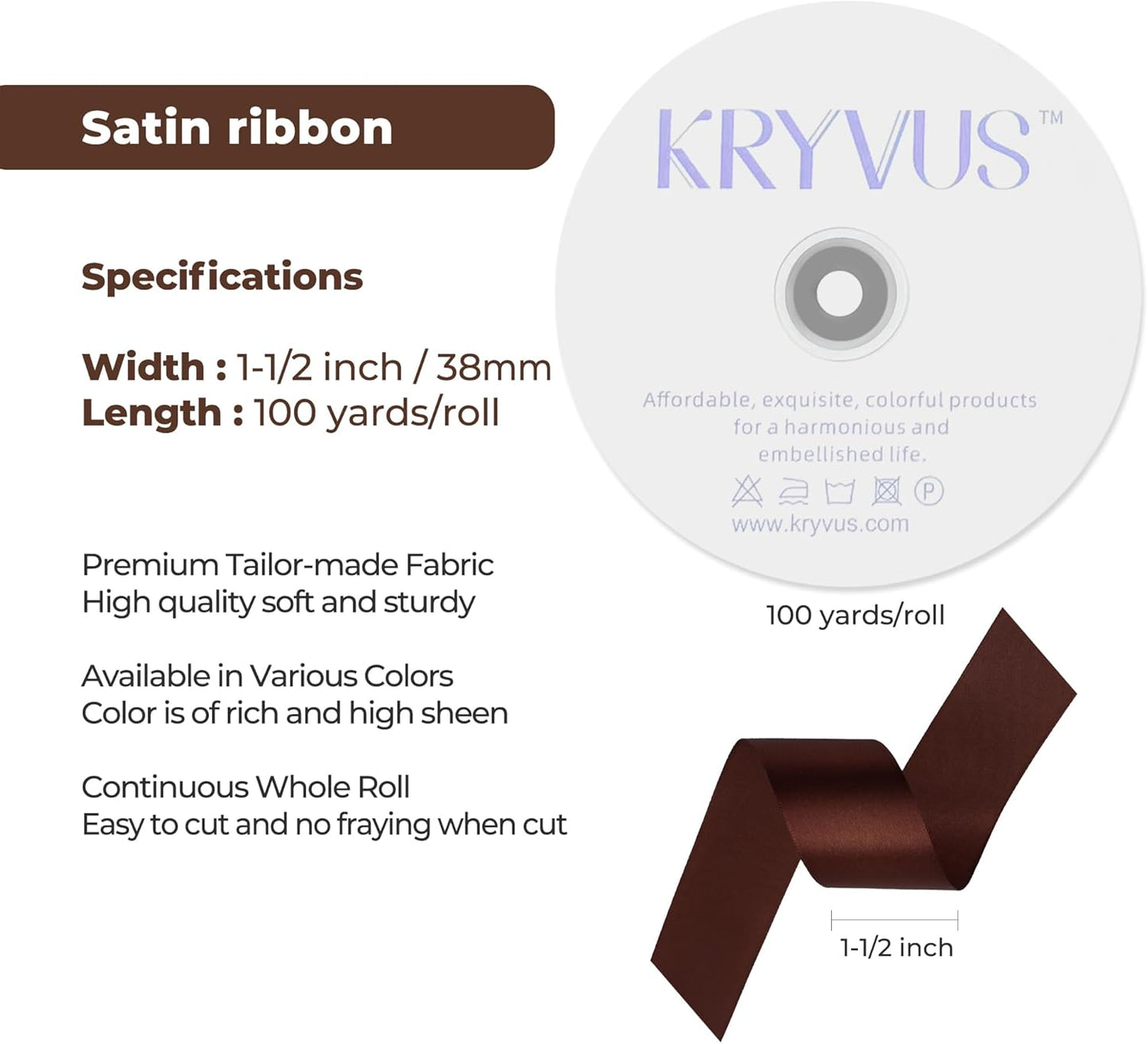 Dark Brown Satin Ribbon 1-1/2 inch X Continuous 100 Yards, Single Face Polyester Ribbon Perfect for Gift Wrapping, Flower Bouquet, Wedding Decor, Crafts, Bow Making, Sewing and More