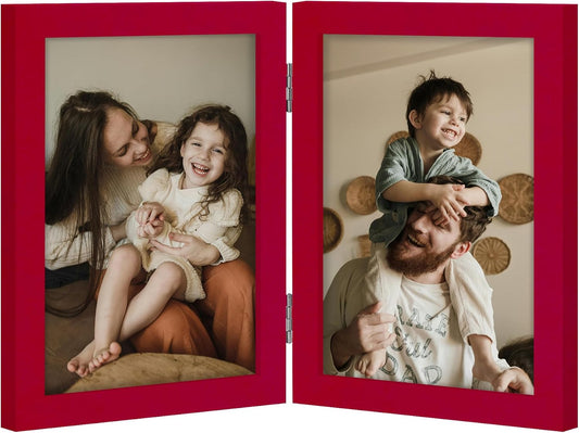 decorUhome Double 5x7 Picture Frame Vertical, Engineered Wood Bifold Photo Frame with Plexiglass for Tabletop Display, 5x7, Red