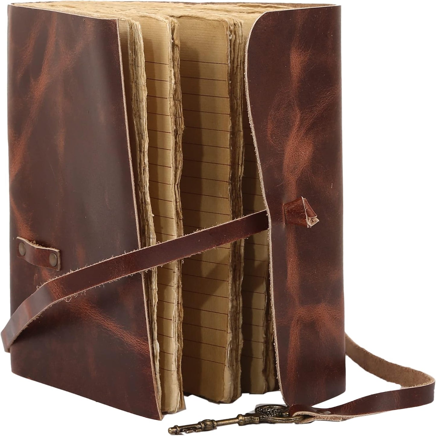 Leather Journal with Lined and Unlined Deckle Edge Paper 8x6 inch and Vintage Key | Handmade Writing Notebook Diary | Bound Daily Notepad for Men & Women Medium, Sketch/Writing pad for Artists