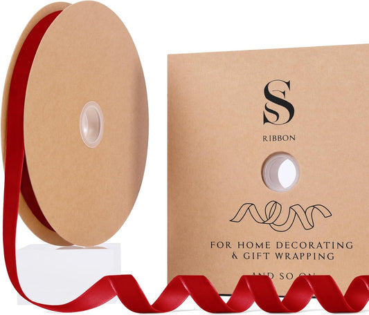 Red Christmas Velvet Ribbon for Tree, Gift Wrapping, Flower Bouquet, Wreath Decorations, Bow Making 5/8'', 25 Yards