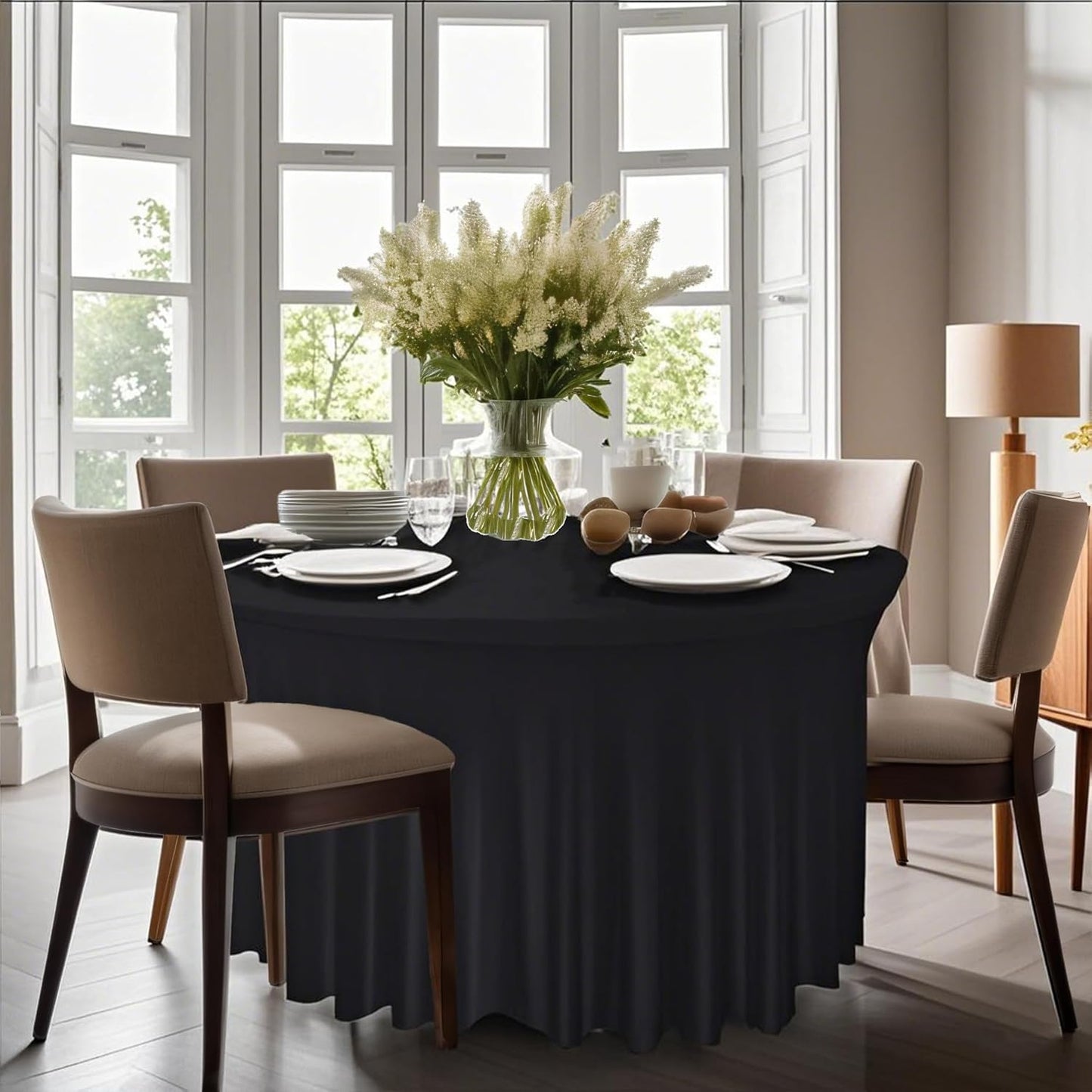 10 Pack Black Round Spandex Tablecloths for 60in Tables, 120Inch Stretchy Fitted 5FT Round Table Clothes,Wrinkle Free Table Cover with Skirt for Wedding Party Dining Banquet