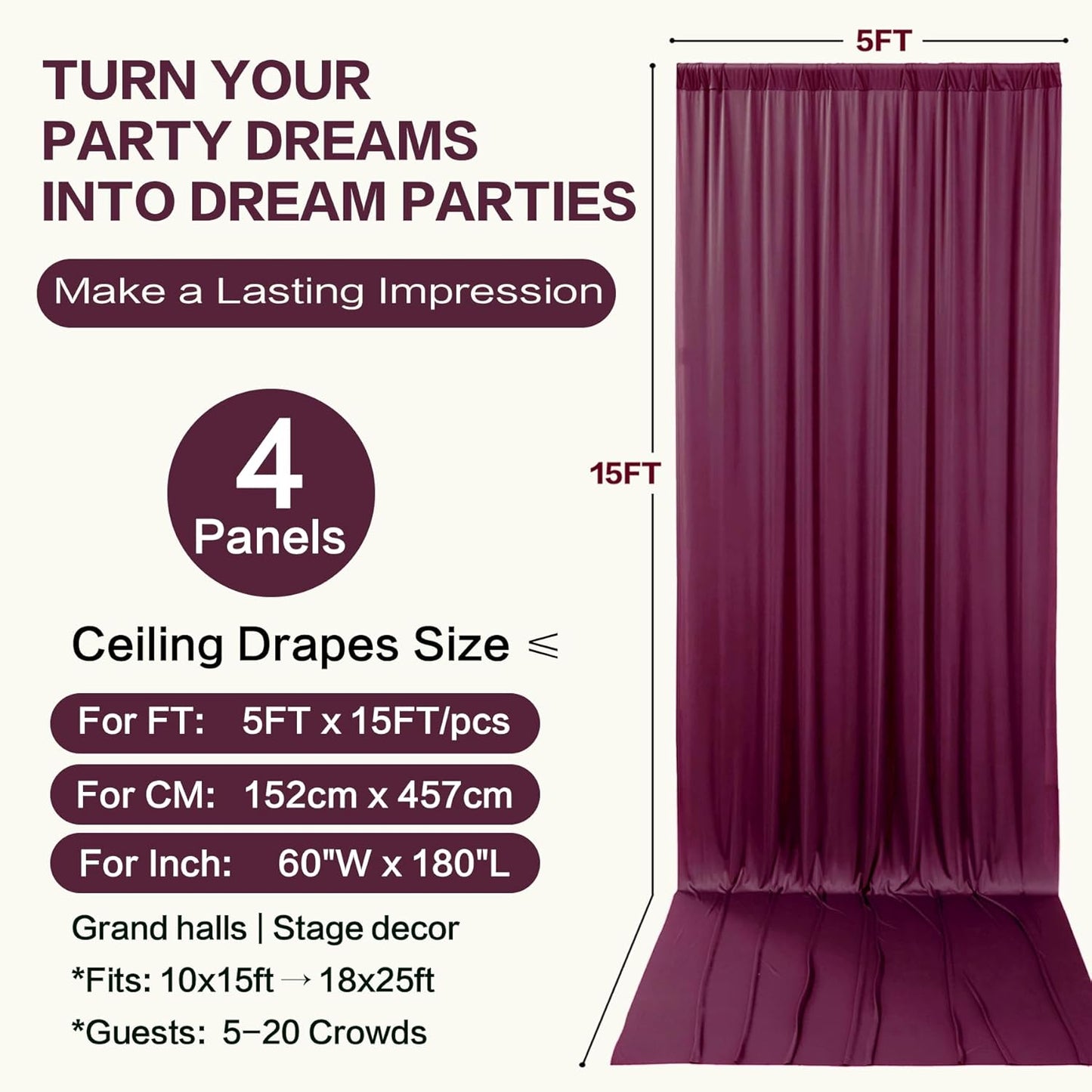 PartyVillage 20ft×15ft Burgundy Backdrop Curtain for Wedding Parties, 4 Panels Wrinkle Free 15 FT Long Polyester Photo Backdrop Drapes Back Drop Cloth for Birthday Photography Background