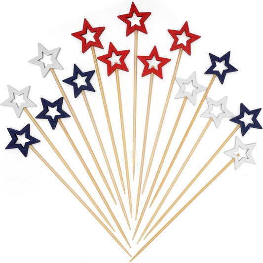 Minisland Mixed Red Blue White Star Cocktail Picks, 5.5 Inch Long Bamboo Fancy Toothpicks for Appetizers, Decorative Independence Day Party Food Drinks Garnish Fruit Skewer Sticks 50 Counts - MSL435