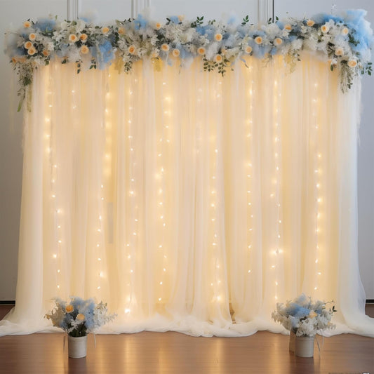 10ft x 7ft Beige Chiffon Backdrop Curtain with Lights String for Parites Wedding Wrinkle Free Curtain Photo Backdrops Drapes for Baby Shower Birthday Party Home Decorations