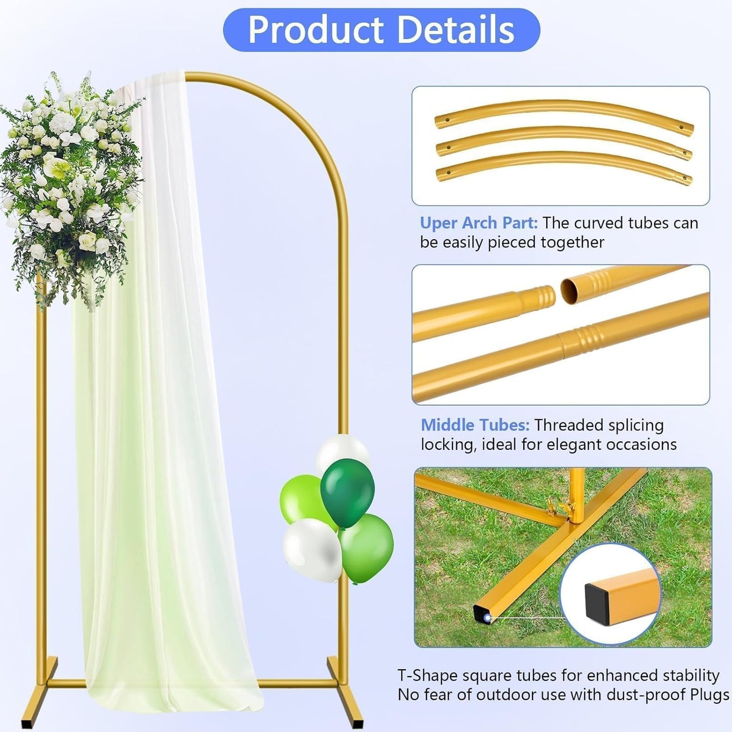 7.2 ft Arch Backdrop Stand, Metal Balloon Arch Stand, Stable Wedding Arched Frame with Square Base Ground Nails, Background Arches for Birthday Party Baby Shower Garland Decoration, Gold