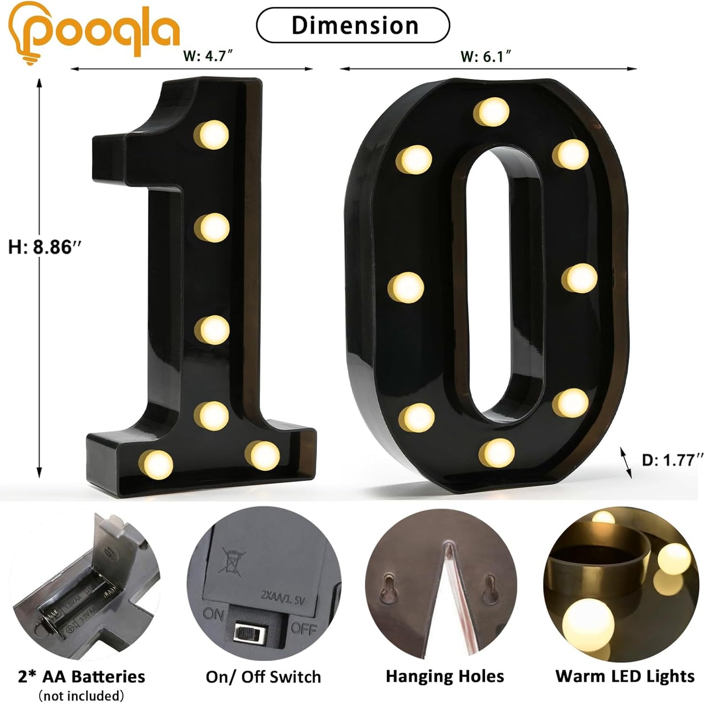 Pooqla Decorative Led Light Up Number Letters, Black Plastic Marquee Number Lights Sign for 10th Birthday Party Wedding Decor Battery Operated Black Decoration 10