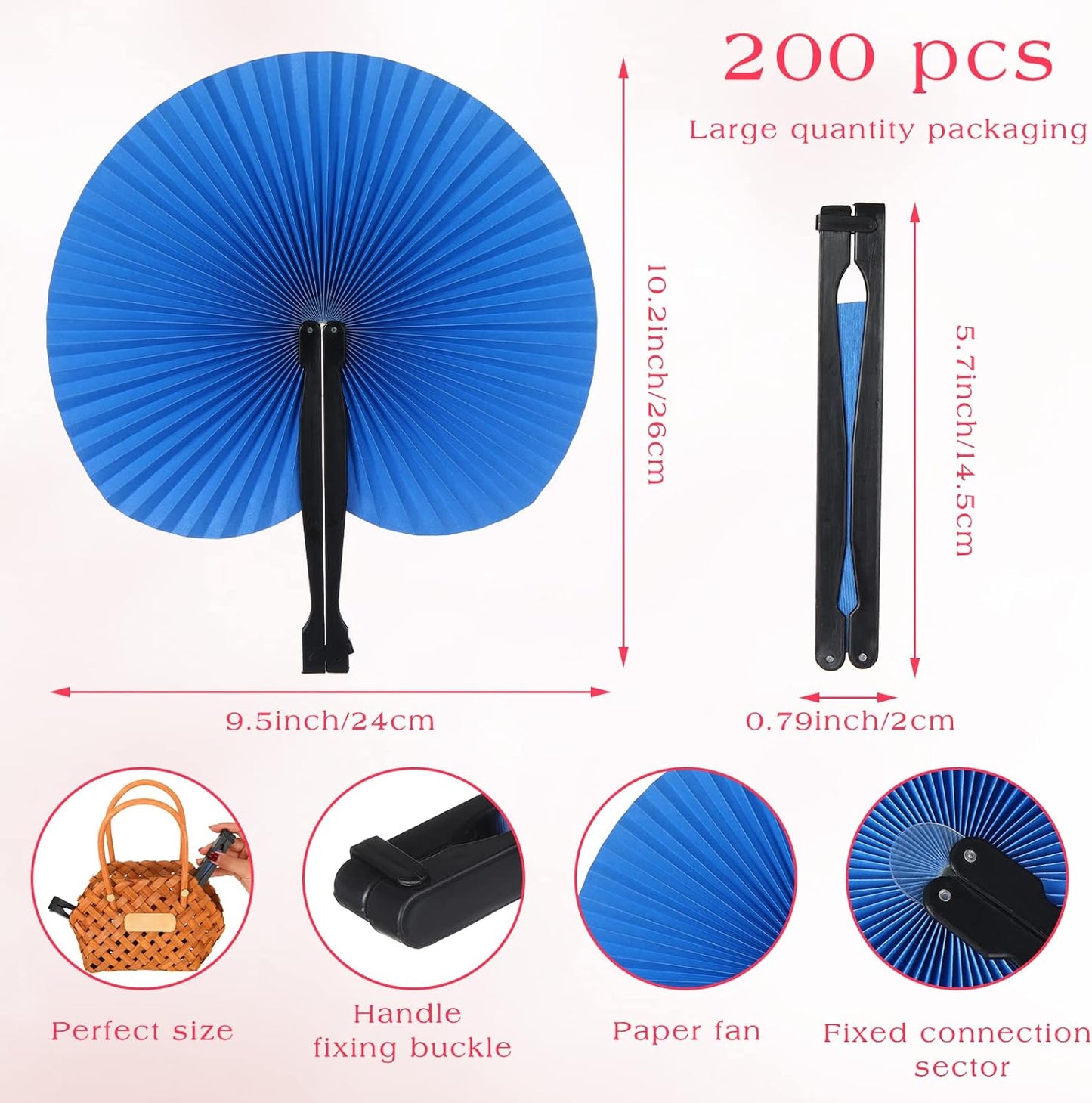 Handepo 200 Pieces Wedding Fans Folding Paper Fans Paper Fans Round Shaped Folding Fans Handheld Fan with Plastic Handle for Wedding Celebration Birthday Party Favor (Bright Colors)