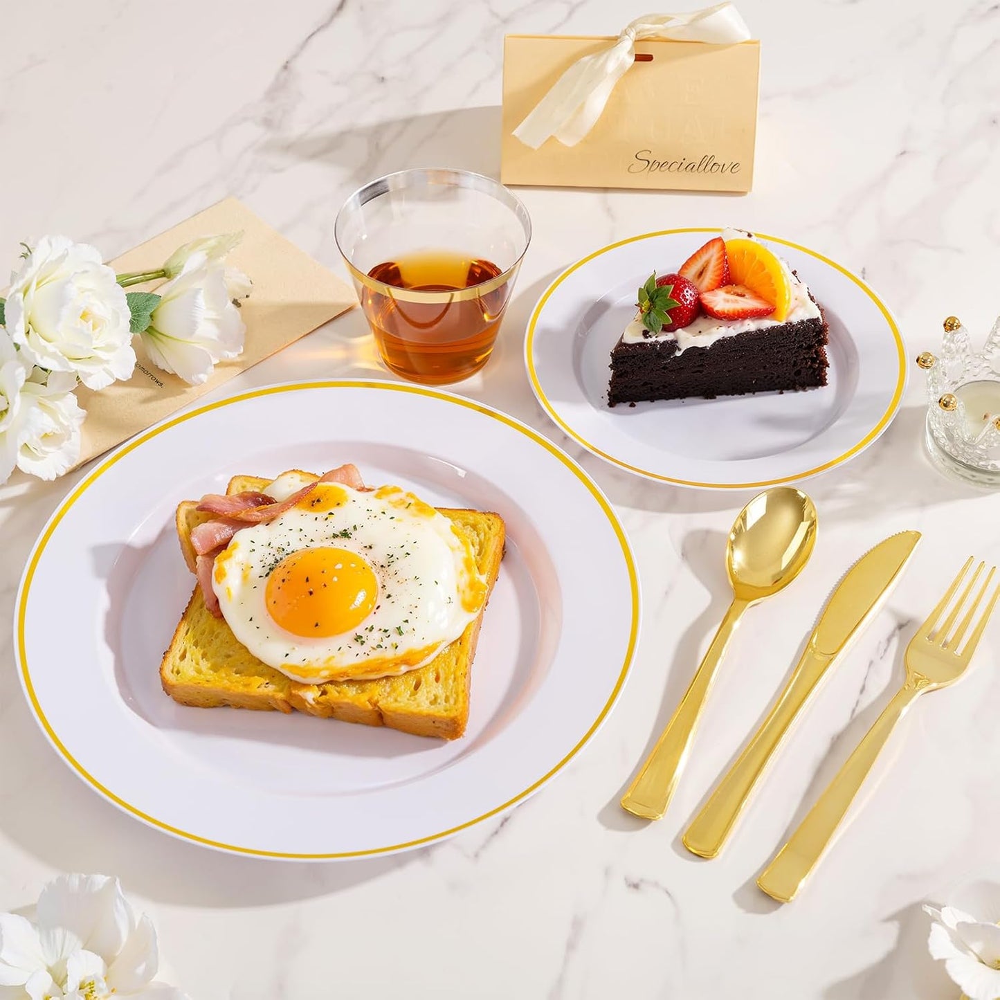 SUT 175 Pcs White and Gold Plastic Plates, Plastic Dinnerware Set for 25 Guests, Disposable Plates and Napkins Party Supplies, Gold Silverware, Plates, Cups and Napkins Sets for Party, Weddings