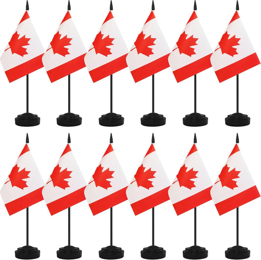 12 Pack Canada Desk Flags, Canadian Desktop Flag, Small Miniature Office Flags with 12" Black Pole and Black Base, Offices, Classroom, Home, Festival Decoration (Canada)