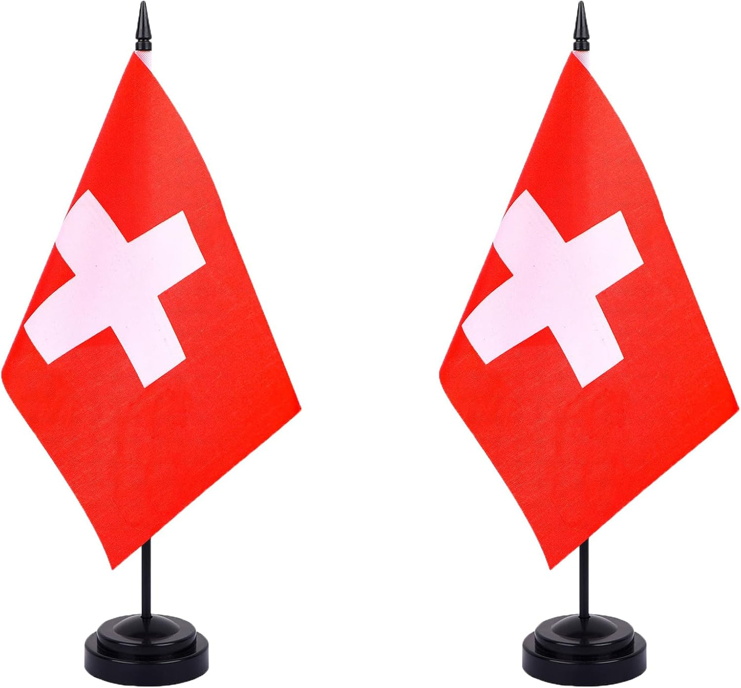 Switzerland Desk Flag 12" Solid Pole Deluxe Set Swiss Flags Banner Mini Small Switzerland Office Table Flags with Black Stand Base Desktop Decorations(2Pack)
