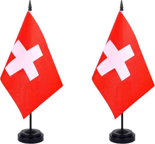 Switzerland Desk Flag 12" Solid Pole Deluxe Set Swiss Flags Banner Mini Small Switzerland Office Table Flags with Black Stand Base Desktop Decorations(2Pack)