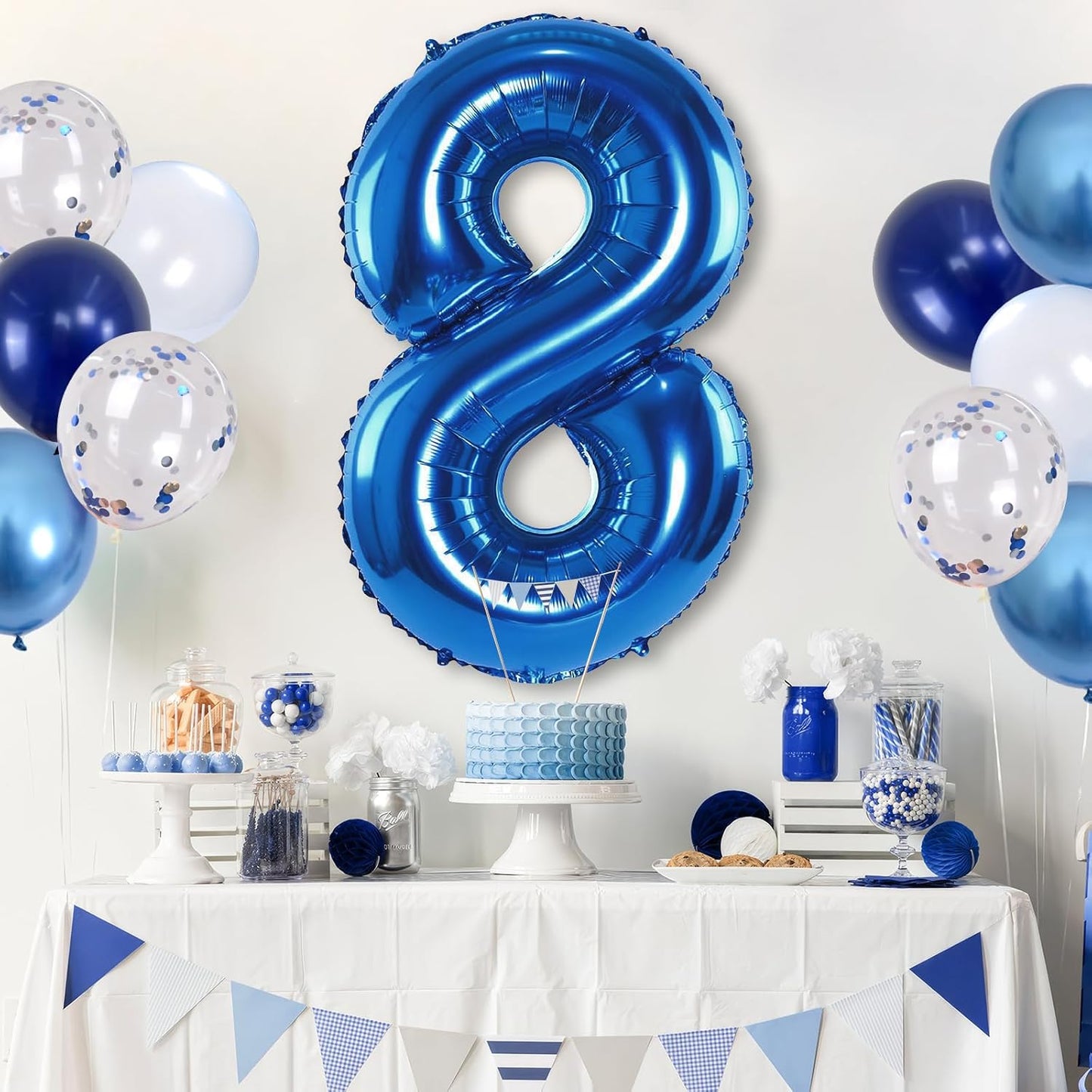 Giant Number Foil Balloon 8, Dark Blue Self Inflating 8th Birthday Balloon for Boys, 40'' 8 Balloon Light Navy Blue with Metallic Blue Silver Confetti Balloon for Anniversary Party Decoration Supplies