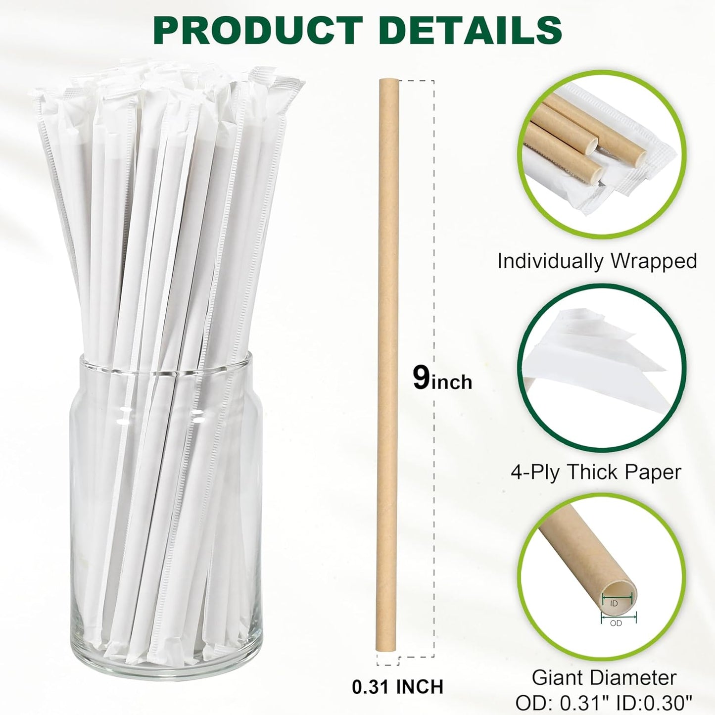9'' x 0.31'' Giant Paper Drinking Straws Individually Wrapped 300 Counts, Dye-free Brown Kraft - 4 Ply Thick Paper