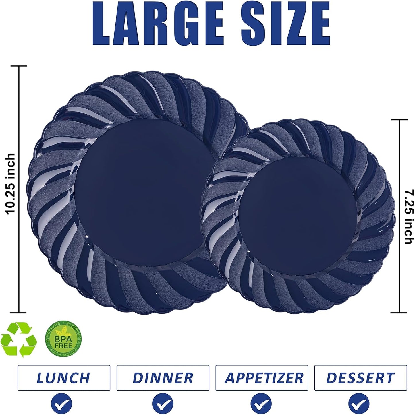 U-QE 60 Pcs Blue Plastic Plates for Party – Scalloped Blue Plates Disposable Heavy Duty – Include 30 10.25" Dinner & 30 7.25" Dessert Plate - Perfect for Birthday Parties, Baby Showers, and Weddings