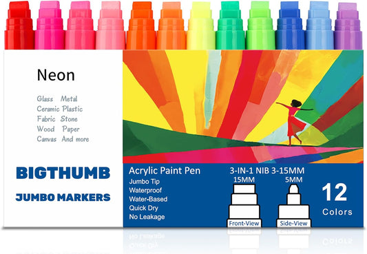 Jumbo Graffiti Poster Markers Set: 12 Neon Colors Large 15mm Wide Tip Permanent Ink Thick Acrylic Paint Pens for Rock Painting, Stone, Glass, Wood, Ceramic, Metal, Plastic, Fabric