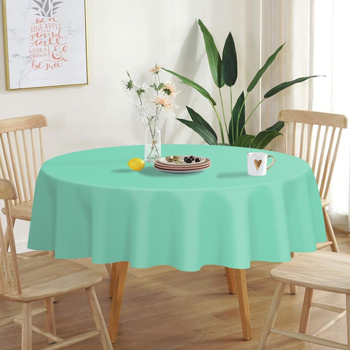 QIKSION Fresh Mint Round Tablecloth 2 Pack, 84 Inch Plastic Table Cover Disposable for Parties