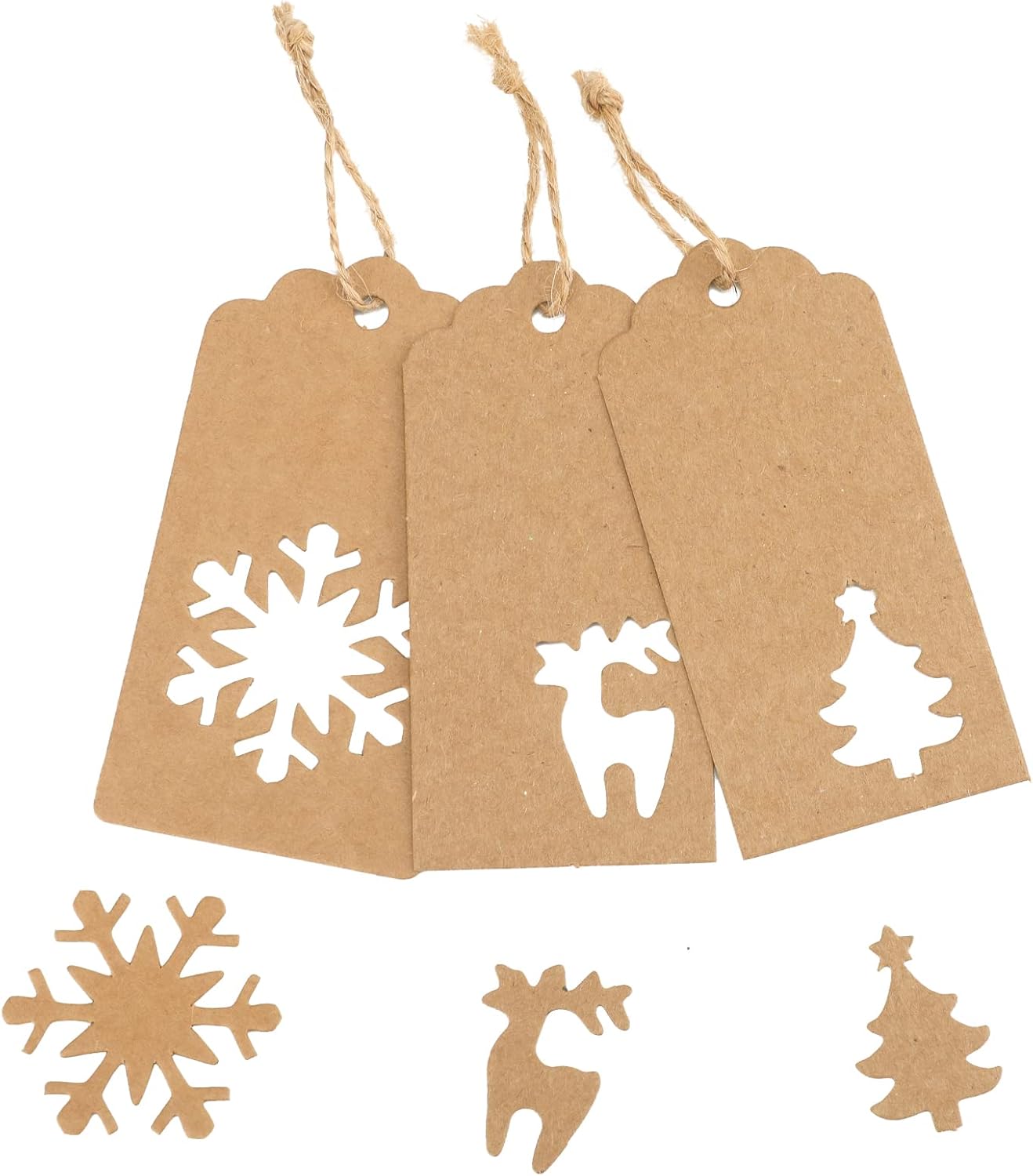 jijAcraft Christmas Gift Tags - 150Pcs Christmas Tags with String, Blank Kraft Paper Hollow Trees, Rudolph, Snowflake Shapes Holiday Labels for Xmas Party Favors, DIY Crafts, Jar