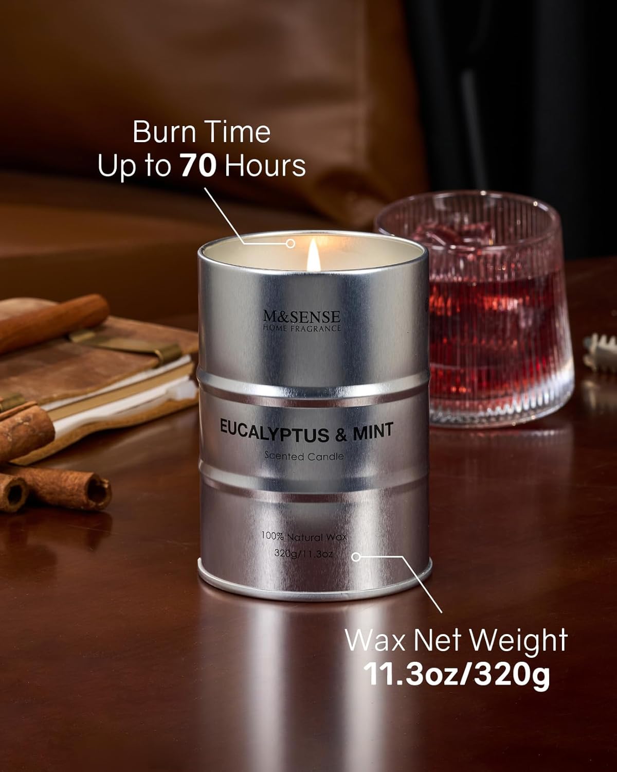 M&SENSE Scented Candle, Eucalyptus Mint Medium Jar Candle for Men, 70 Hours Slow Burning Natural Soy Candles 11.3oz, Stress Relief Aromatherapy Candles Home Decor, Valentines Day Gifts for Him