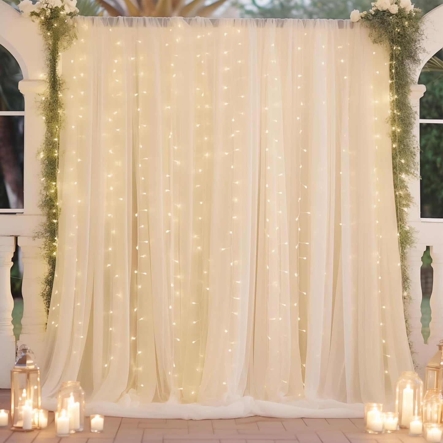 10ft x 10ft Beige Chiffon Backdrop Curtain with Lights String for Parites Wedding Wrinkle Free Curtain Photo Backdrops Drapes for Baby Shower Birthday Party Home Decorations