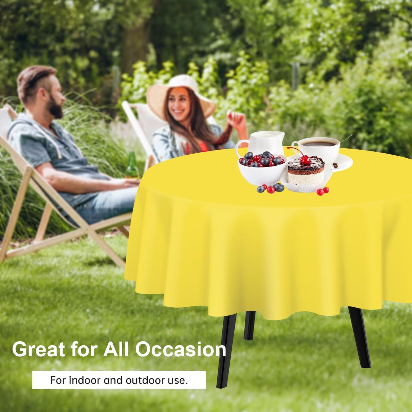 QIKSION Yellow Round Tablecloth 3 Pack, 84 Inch Plastic Table Cover Disposable for Parties