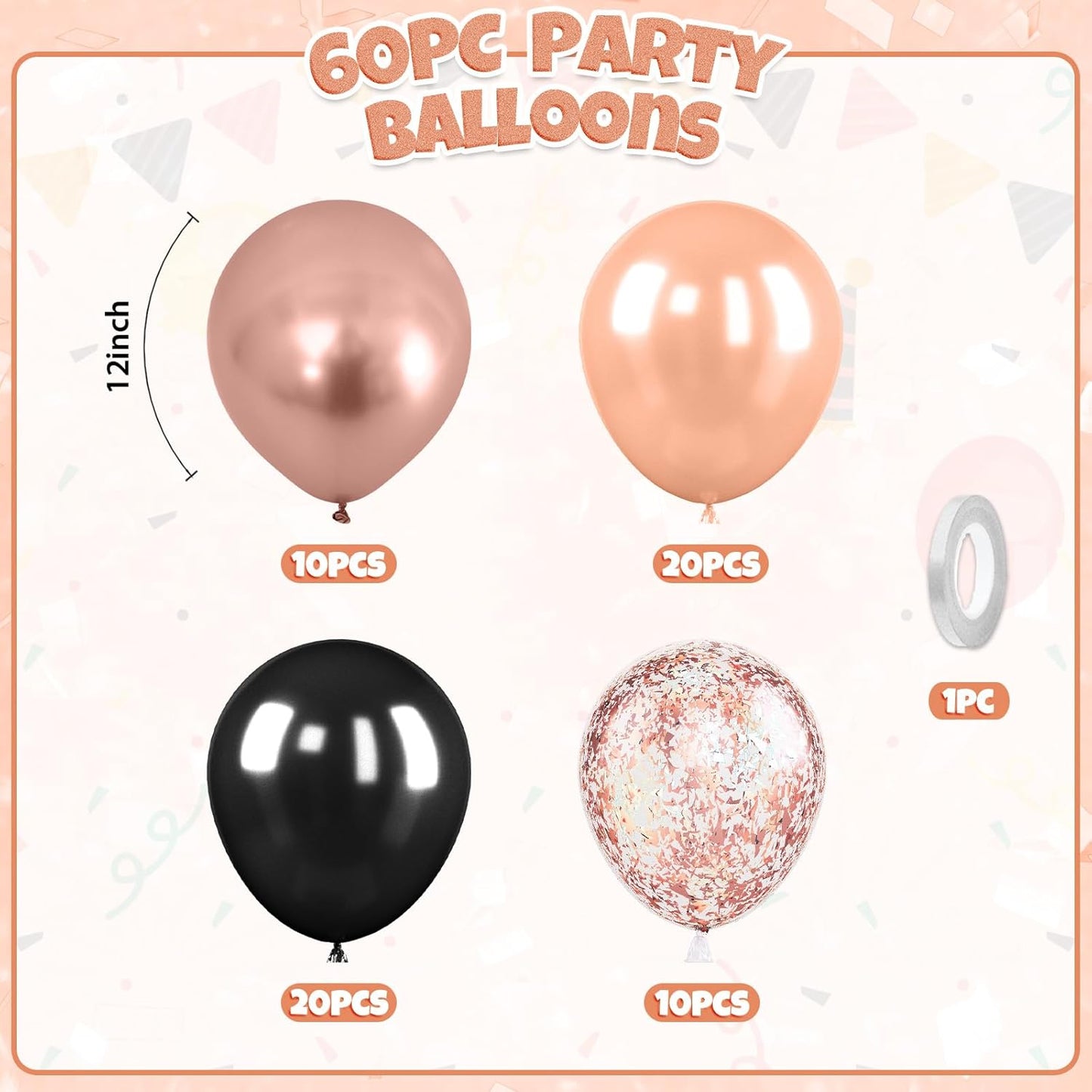 Black Rose Gold Balloons, 60pcs Rose Gold And Black Balloons, Metallic Pearl Matte Confetti Balloon For Girls Women Lady Birthday Baby Shower Party Wedding Bridal Shower Bachelorette Engagement Decor