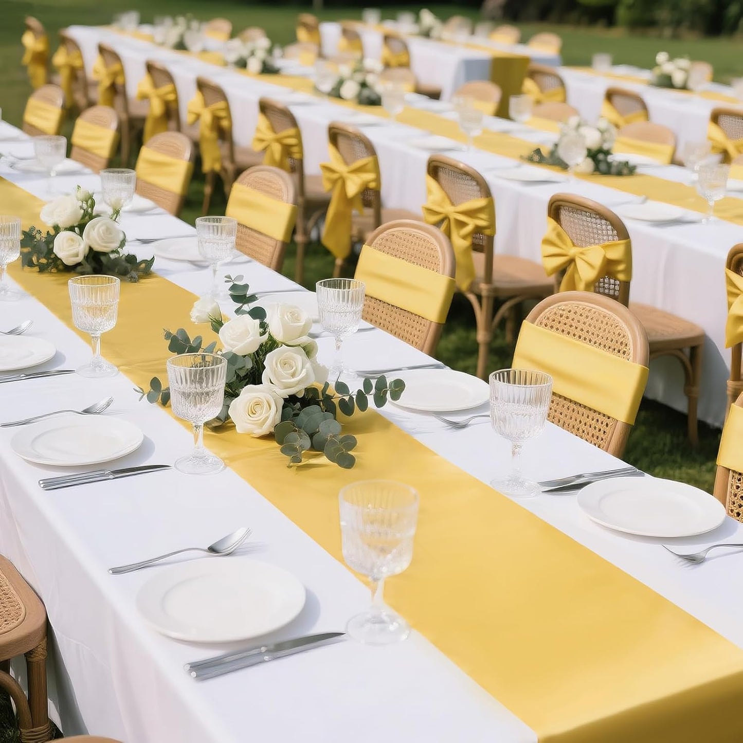 SHEJIZE 2 Pack Light Gold Satin Table Runner 12x108 Inches Long, Bright Silky Smooth Satin Table Runner Table Decor for Wedding Banquet Christmas Prom Event Birthday Party