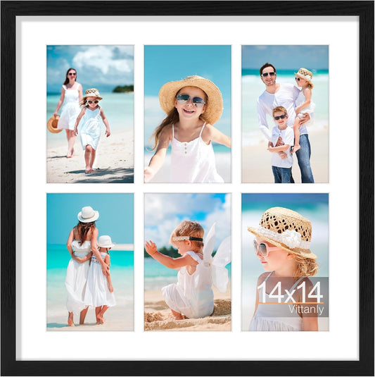 Vittanly 14x14 Collage Picture Frame, Displays 6Pcs 4x6 Pictures with Mat, Picture Frames Collage Wall Decor for Horizontal or Vertical Display, Black, 1 Pack