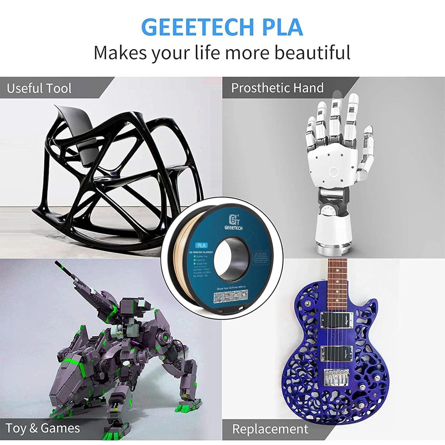 Geeetech PLA Filament 1.75mm Bone White 3D Printer Filament 1kg(2.2lbs), Neatly Wound Bone PLA Filament, Dimensional Accuracy +/- 0.02 mm, Fit Most FDM 3D Printers