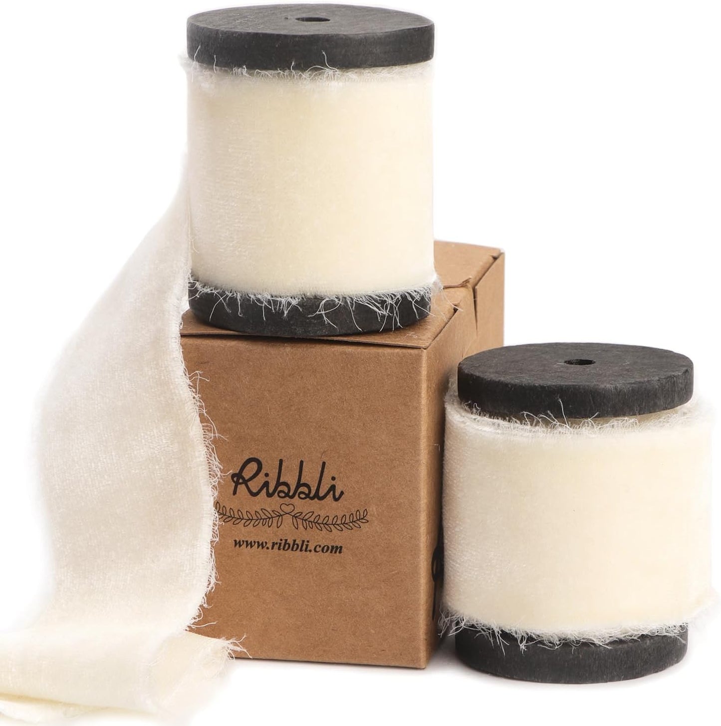 Ribbli Ivory Velvet Ribbon 1.5 Inch Handmade Frayed Vintage Christmas Ribbon for Gift Wrapping Christmas Tree Ornament Wreath Craft Home Decor -Total 3 Yards with Wooden Spool