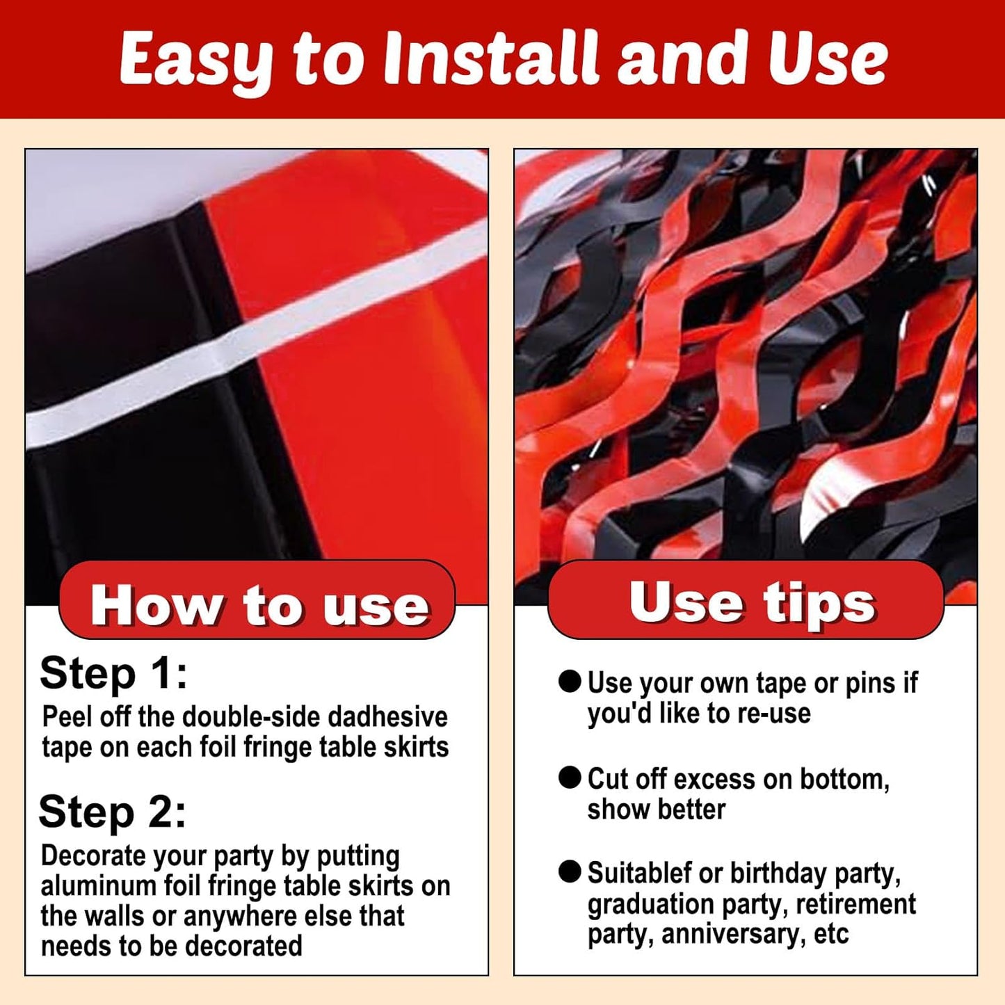 6 Pack 29x108 Inch Black Red Wave Foil Fringe Table Skirts Metallic Banner for Tinsel Streamer Garland Backdrop for Parade Floats Wedding, Mother's Day, Birthday Mardi Gras Party Decorations