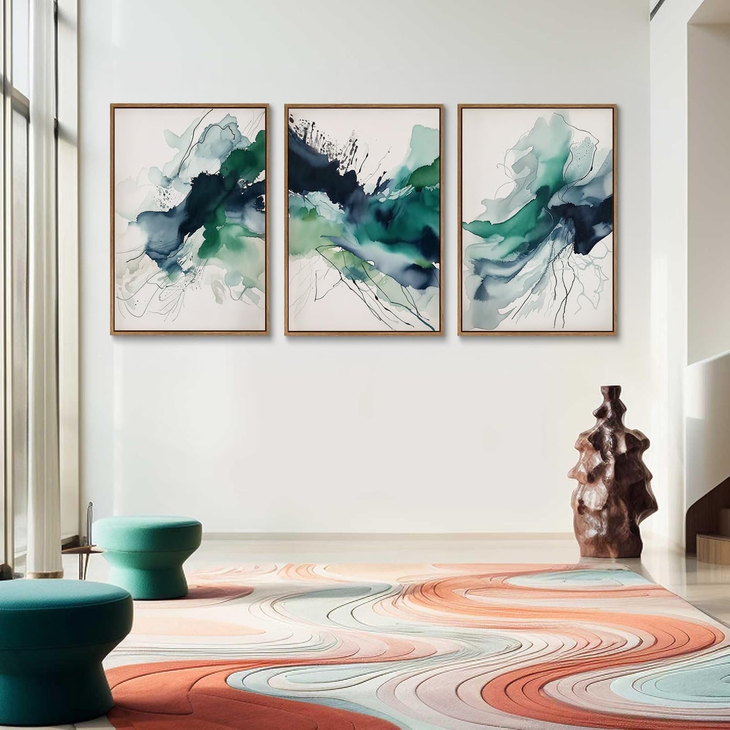 myusuar 3 Piece Large Abstract Framed Wall Art For Living Room, Smoke Texture Ink Emerald Green Canvas Wall Art Modern Minimalist Art Prints Wall Décor For Bedroom Office 16x24in