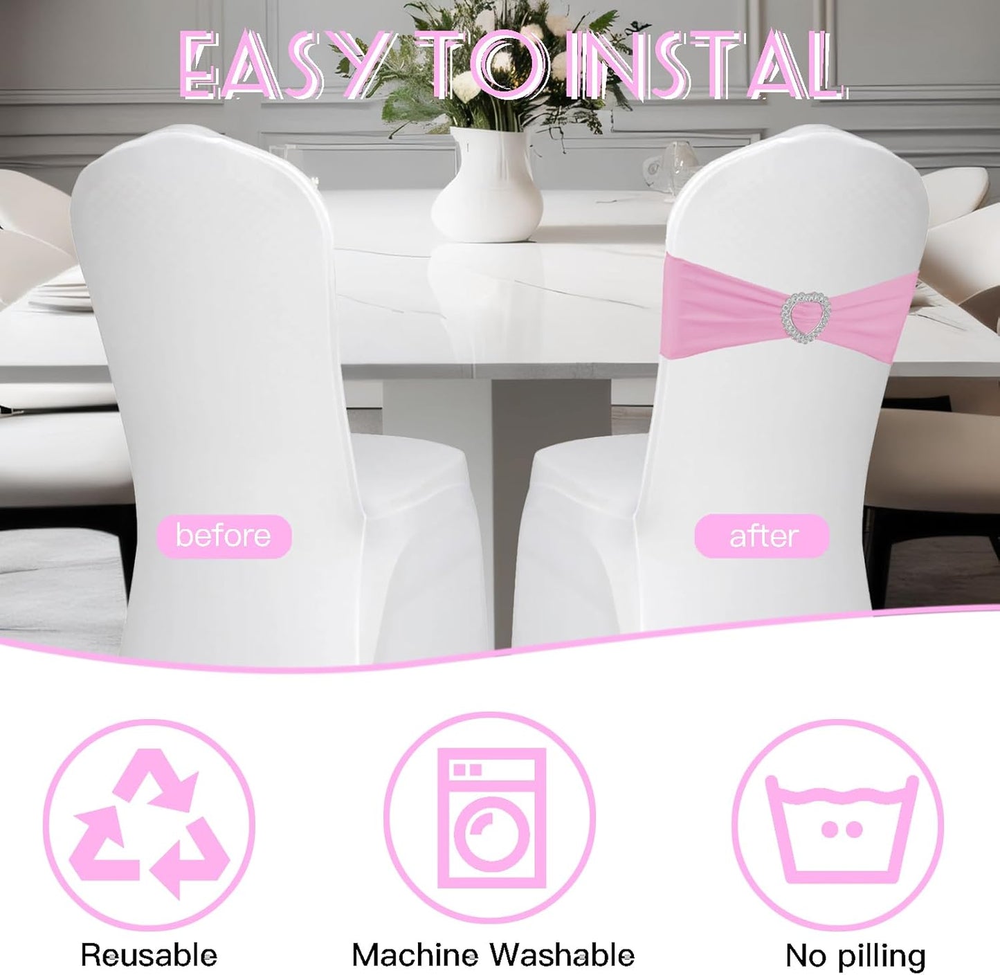 100PCS Spandex Stretch Chair Sashes Bows Universal Elastic Chair Cover Bands Ties with Buckle Slider for Wedding Party Birthday Reception Events Banquet Decoration(Pink)