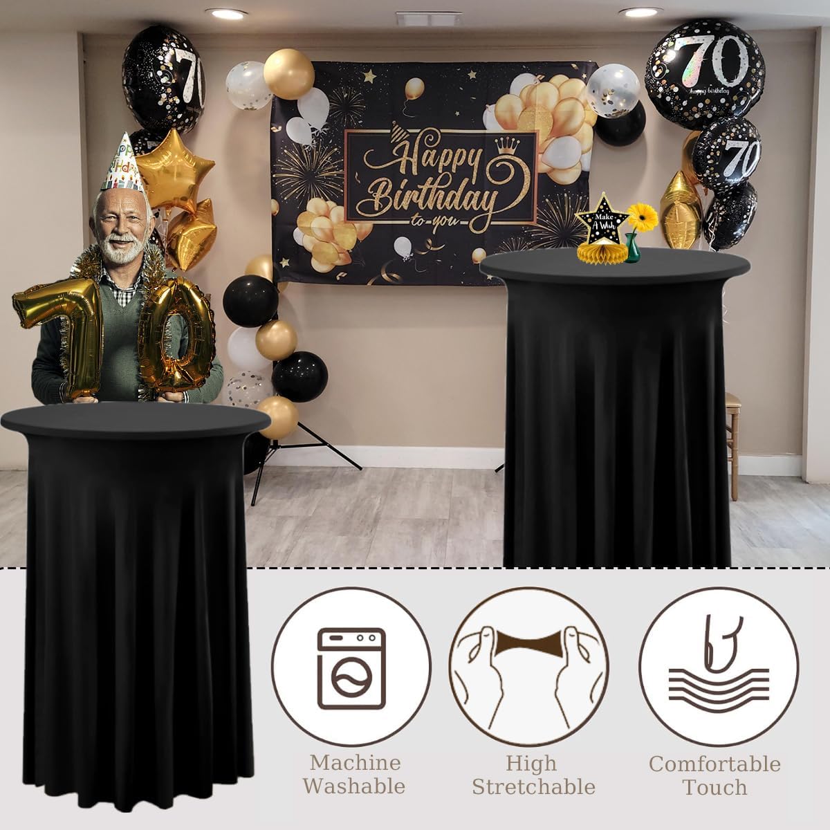 Albassa 4 Pack Cocktail Table Covers 32"x 43" Spandex Stretch Round Cocktail Tablecloths with Wavy Drapes Fitted High Top Bar Table Skirt for Wedding Party Banquet (Black, 4 PCS)