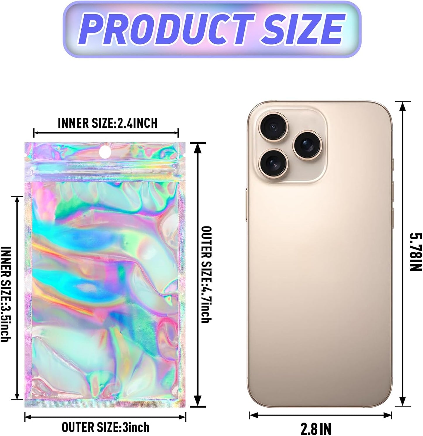 Funfery 100 Pack Smell Proof Holographic Bags Clear Window Resealable Bags,Mylar Foil Bag with Zipper,Sealing Pouch Packaging Bag for Food Storage,Candy,Party Favor Sample Business Supplies(3x4.7in