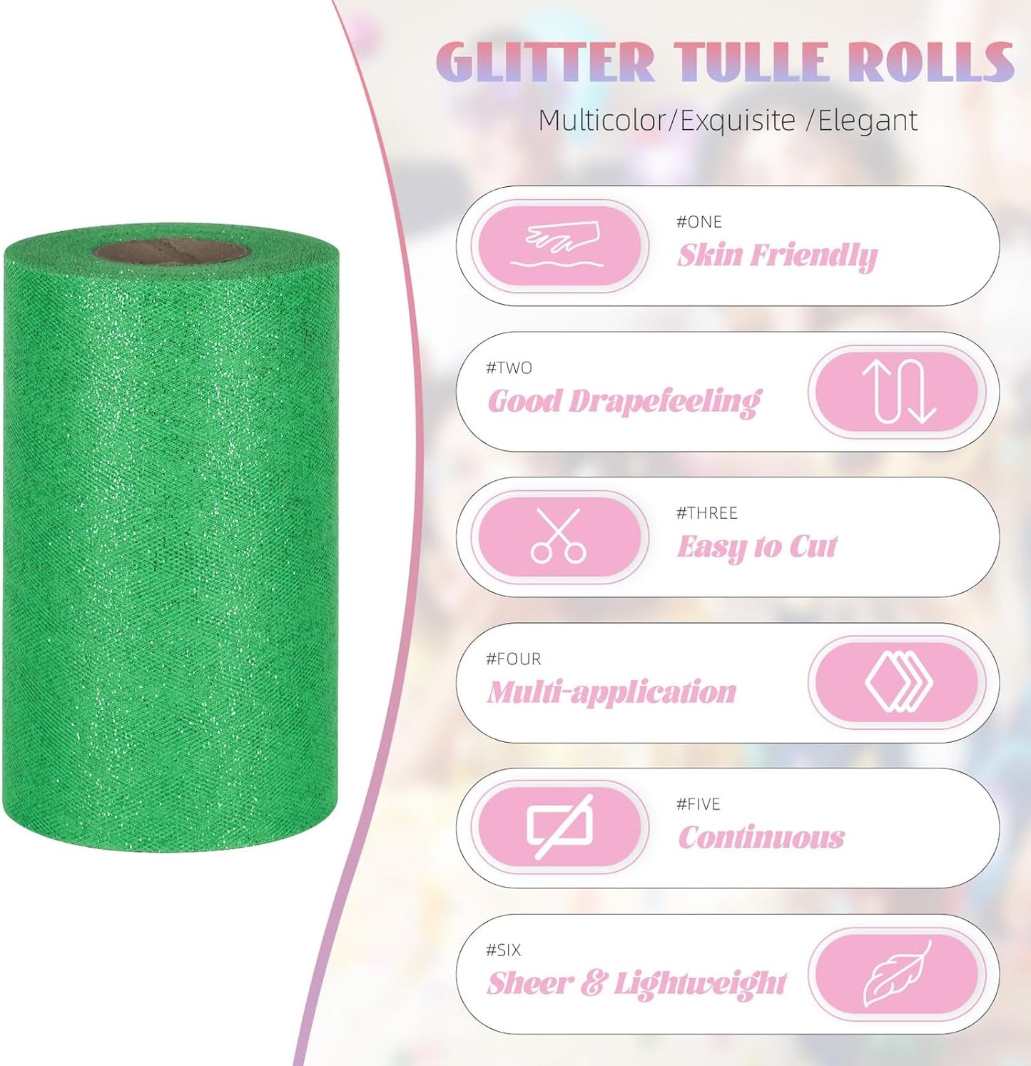 Glitter Tulle Rolls 6" by 50 Yards - Sparkle Fabric Ribbon With Sequins for DIY Tutu Skirt, Wedding, Birthday Party Decoration (Green)