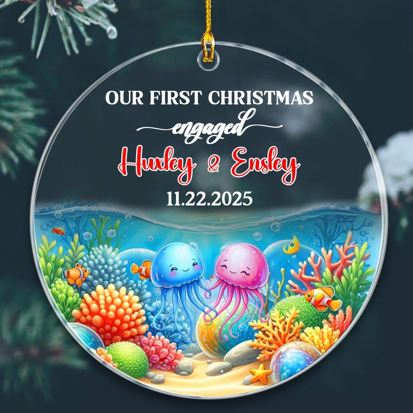 Personalized Our First Christmas Engaged Ornament Gift, Customized Date/Names Jellyfish Mr & Mrs Engaged Xmas Ornaments, Couple Jellyfish Together Christmas Ornament Gift for Engagement Anniversary