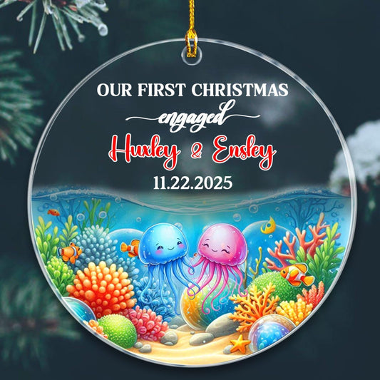 Personalized Our First Christmas Engaged Ornament Gift, Customized Date/Names Jellyfish Mr & Mrs Engaged Xmas Ornaments, Couple Jellyfish Together Christmas Ornament Gift for Engagement Anniversary