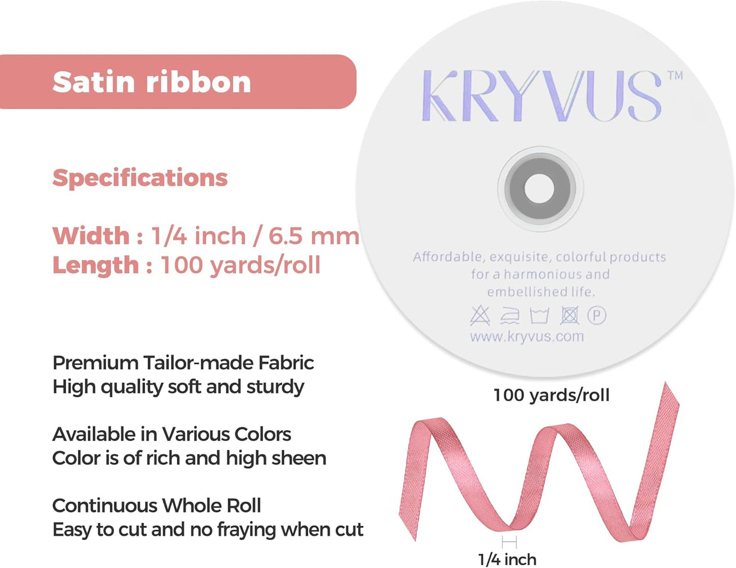 Rose Gold Satin Ribbon 1/4 inch X Continuous 100 Yards, Single Face Polyester Ribbon Perfect for Gift Wrapping, Flower Bouquet, Wedding Decor, Crafts, Bow Making, Sewing and More