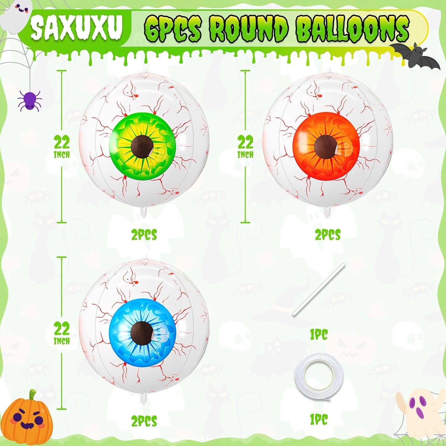 Halloween Foil Balloons Orange Green Blue Eye, 6 Pcs Large Eye Giant 4D Round Balloons, 22 Inch Big Round Foil Balloon Halloween Party Decorations for Adults Kids