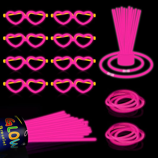 60 Pack 8” Pink Glow Sticks Bulk Bright Glow Sticks with 60 Connectors 20 Heart Glasses Glow In The Dark Party Supplies Neon Party Decorations Glow Bracelet Glasses for Holiday Carnival (Pink)